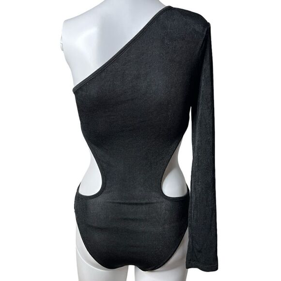 SHEIN One Sleeve Cut Out Bodysuit Black Size XS - Picture 4 of 4